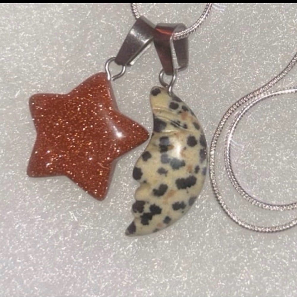 Dalmatian Jasper Moon 🌙 and Goldstone Star sterling silver necklace